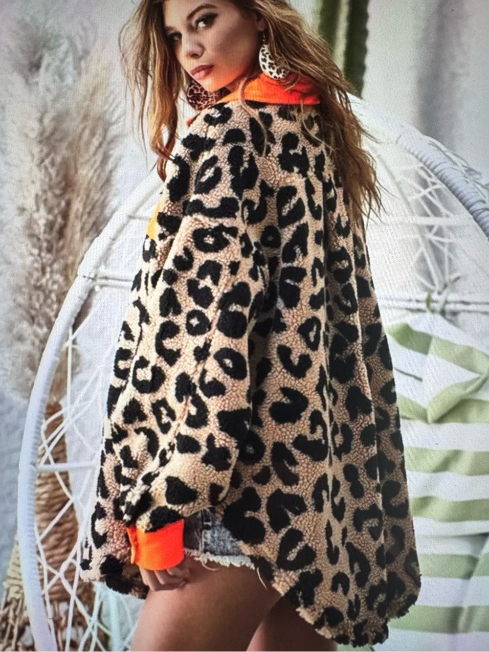 BiBi Leopard Sherpa Jacket Shacket with Neon Orange Trim NWT women’s sizes  S-XL